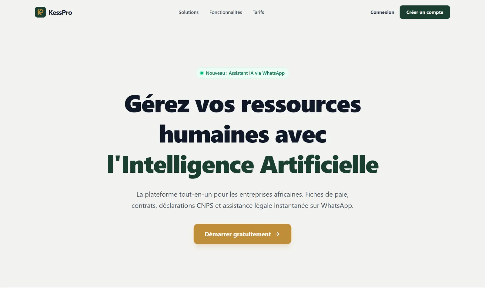 Page d’accueil de KessPro avec le bouton Démarrer gratuitement