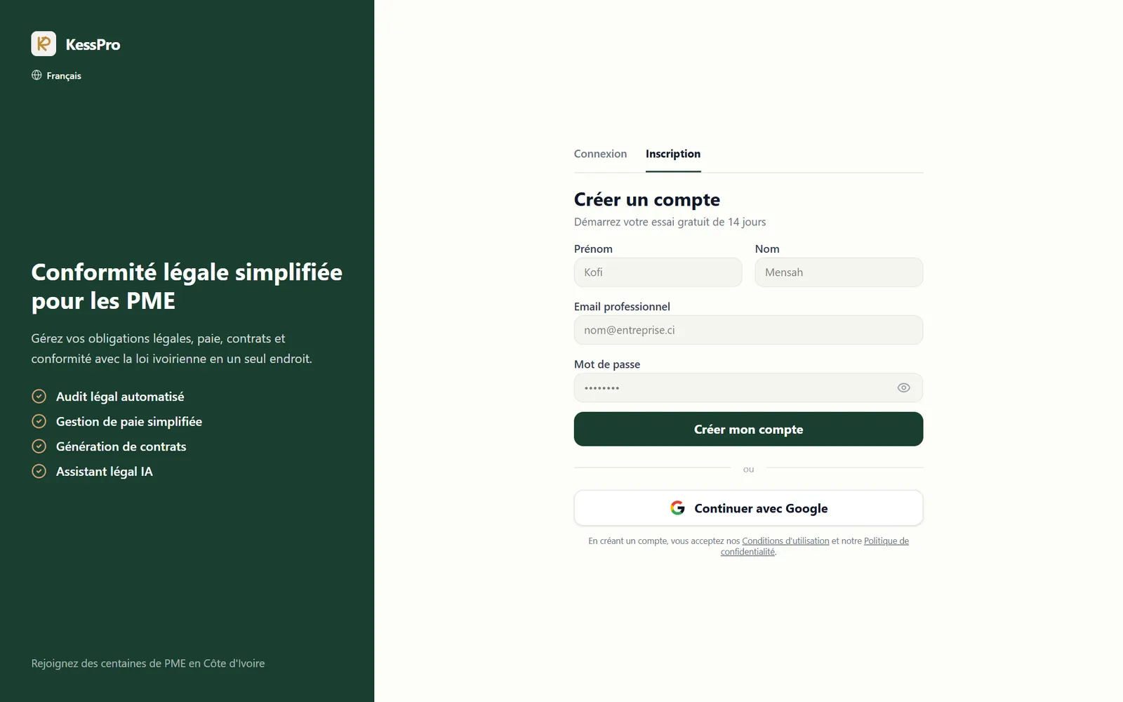 Formulaire de création de compte KessPro