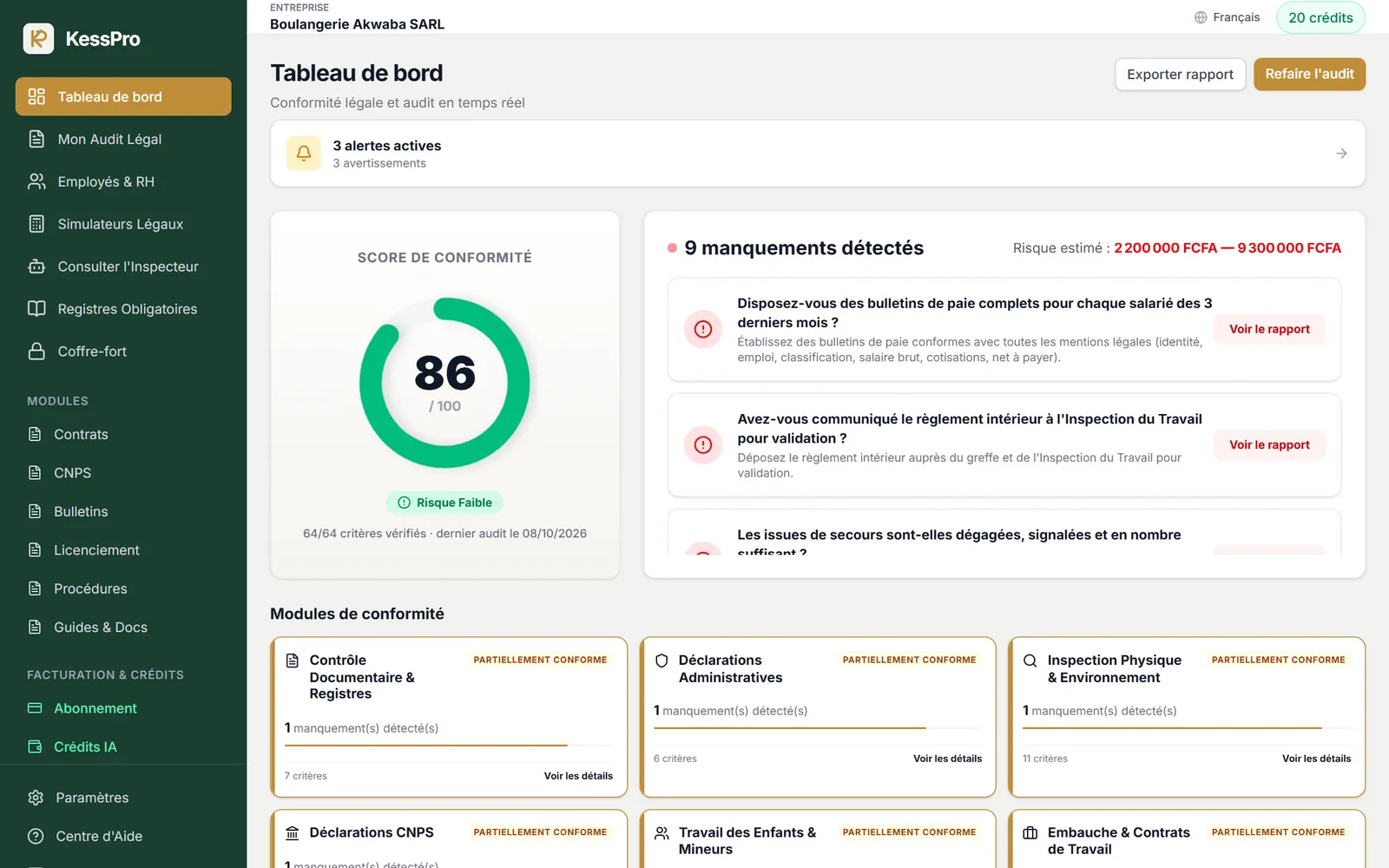 Tableau de bord KessPro : score de conformité 86/100, manquements détectés et modules de conformité
