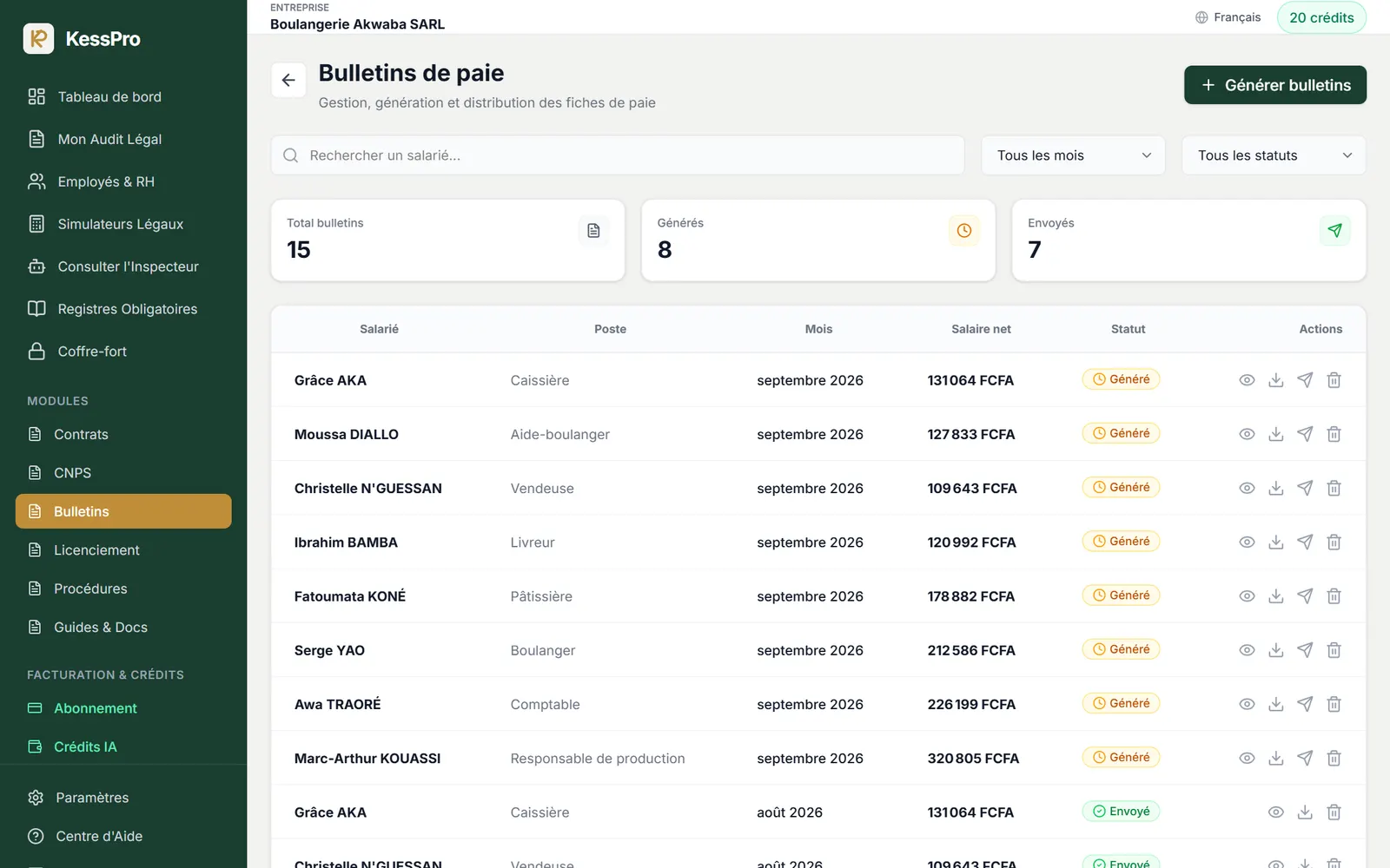 Liste des bulletins de paie générés et envoyés par mois