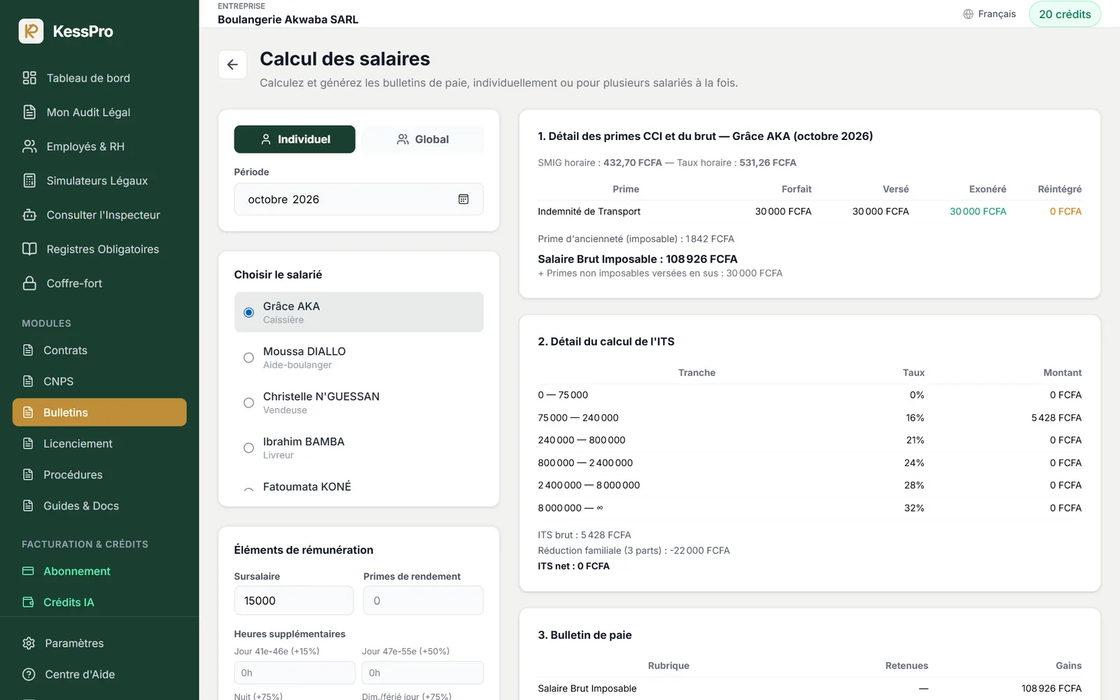 Calcul de paie détaillé : primes, salaire brut imposable, tranches de l’ITS et bulletin