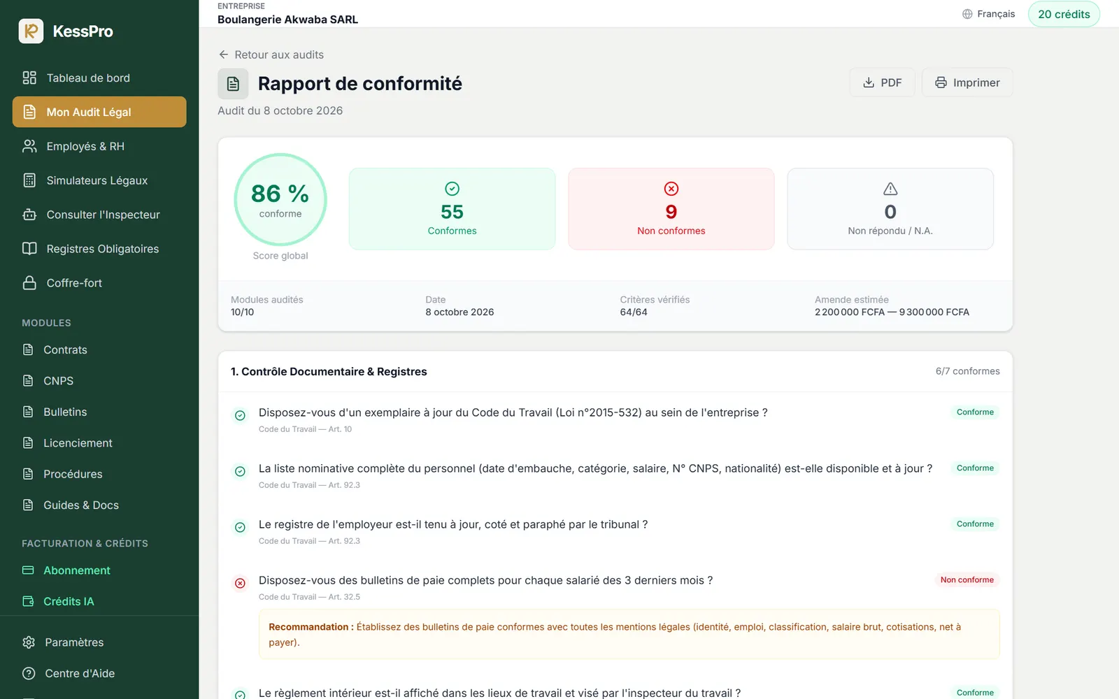 Rapport de conformité : score global, critères conformes et non conformes, recommandations