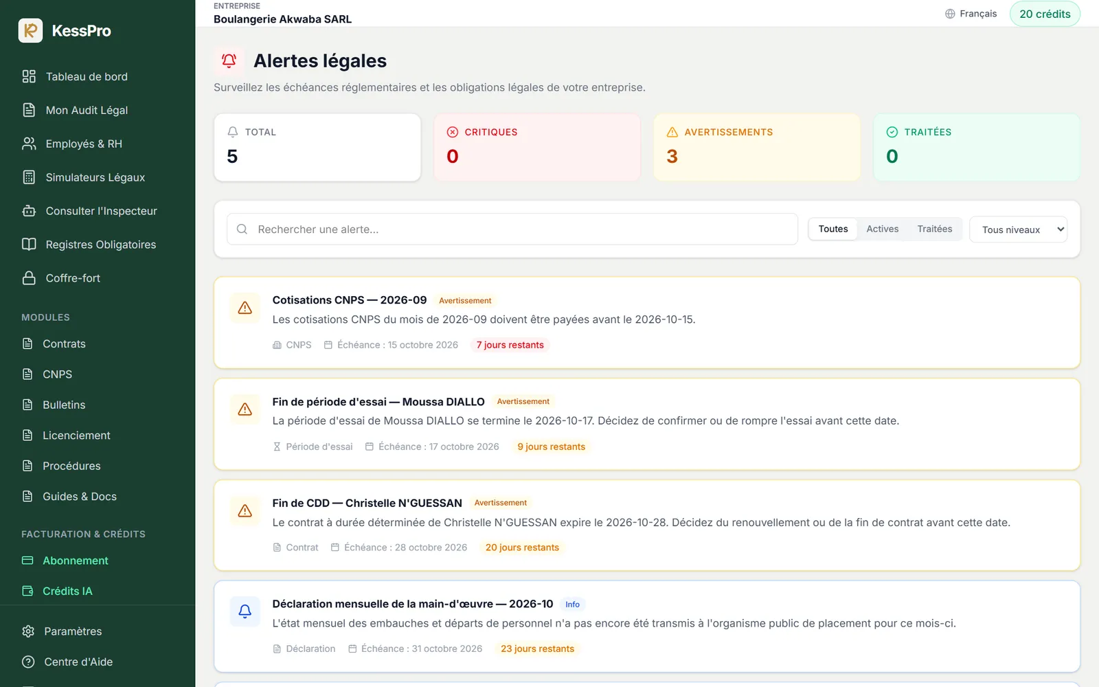Page des alertes légales : total, critiques, avertissements et alertes traitées