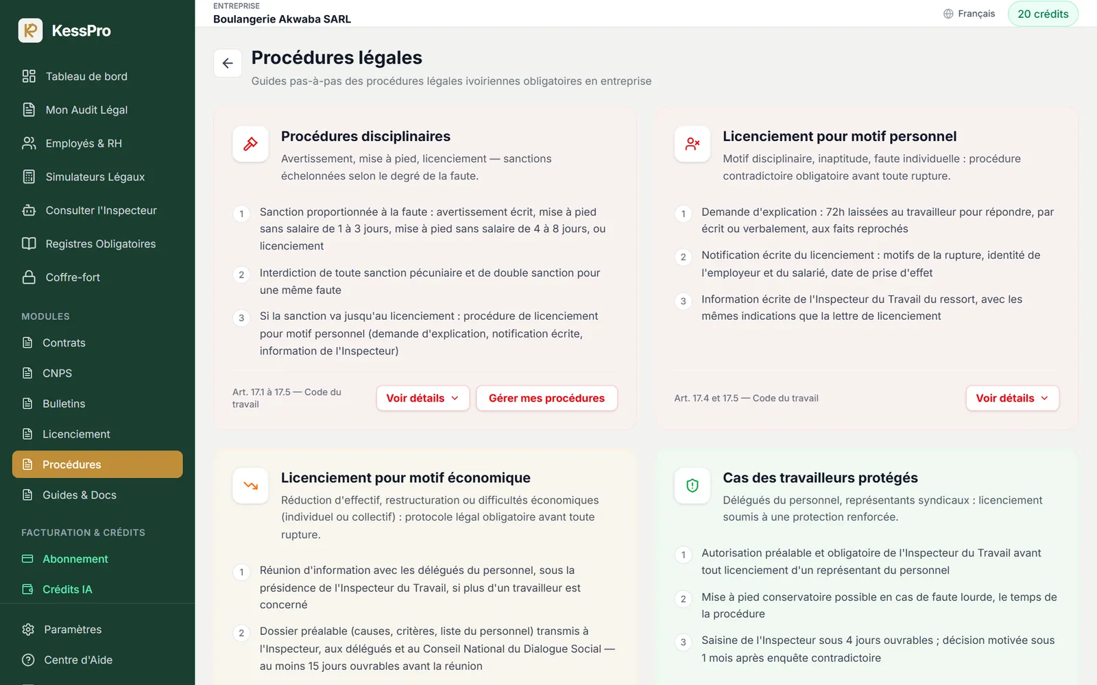 Procédures légales : disciplinaires, motif personnel, économique, travailleurs protégés