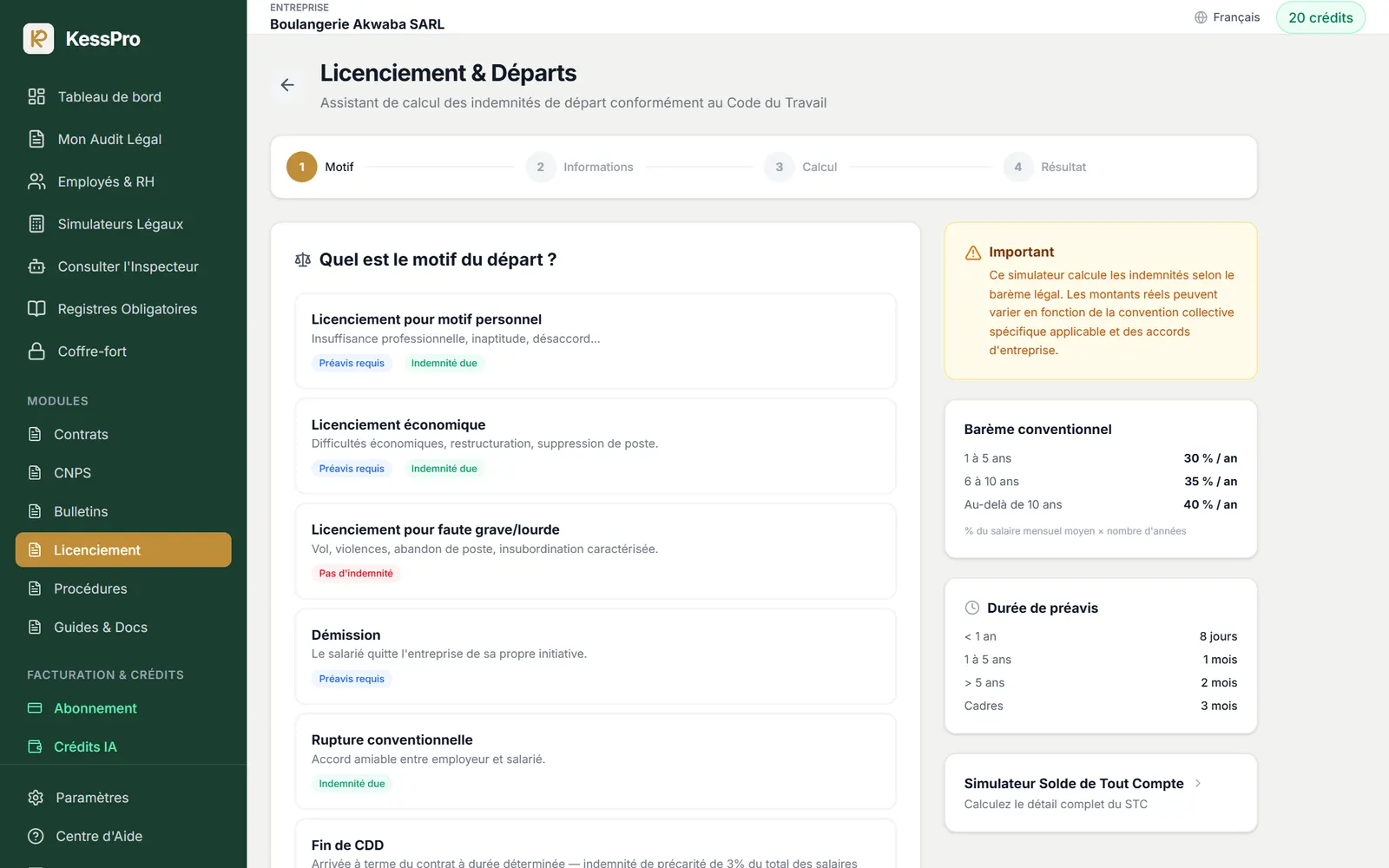 Assistant de calcul des indemnités de départ selon le motif