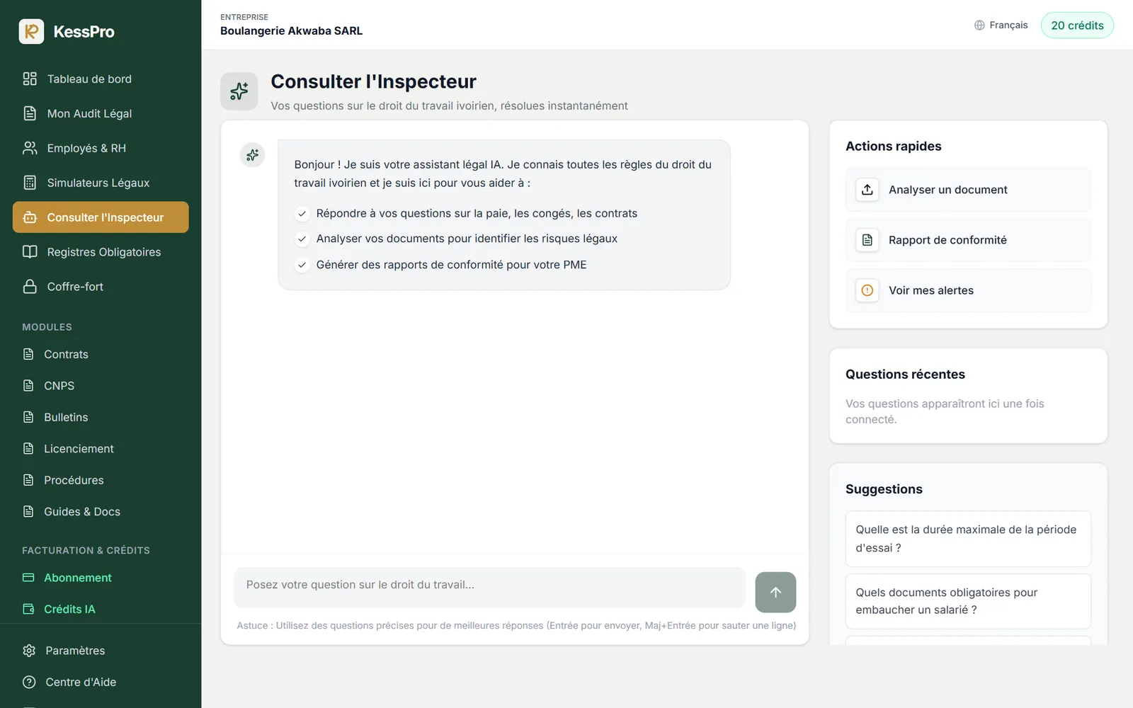 Assistant juridique IA avec questions suggérées