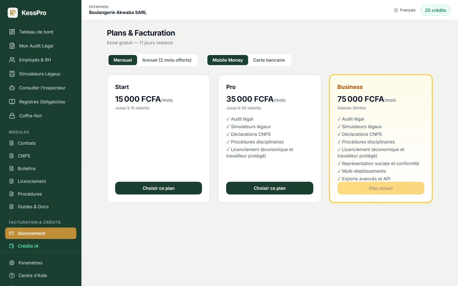 Page Plans et facturation avec les trois formules